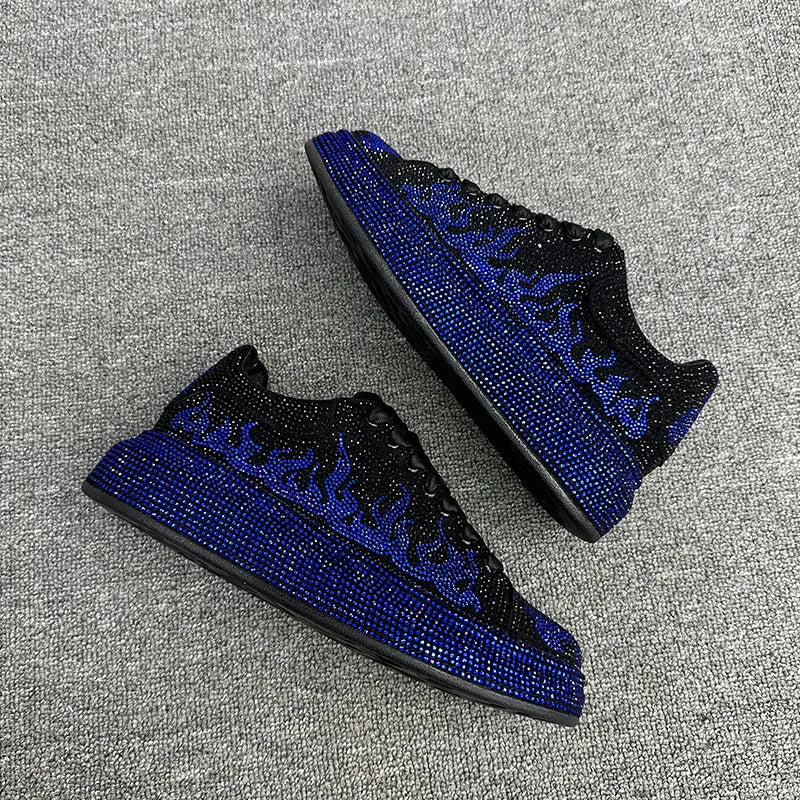 Maxy Luxury Designer Men's Glamour Blue Rhinestone Platform Prom Shoes Causal Flats Moccasins Male Rock Hip-hop Walking Sneakers