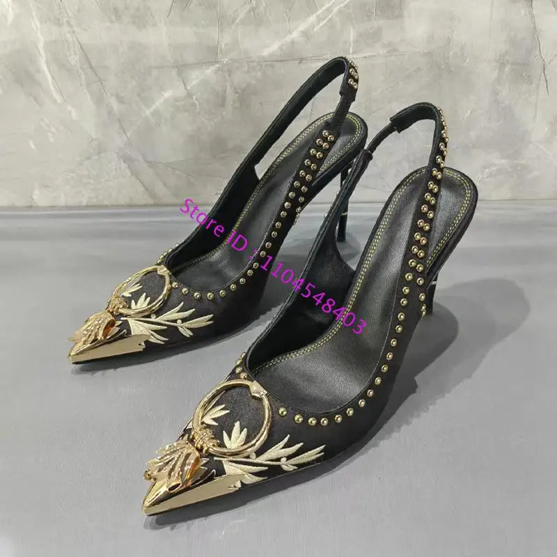 Maxy New Arrive Gold Metal Toe Women High Heel Suede Slingback Sandals Design Lady High Heel Gold Rivets Sandals Plus Size 42