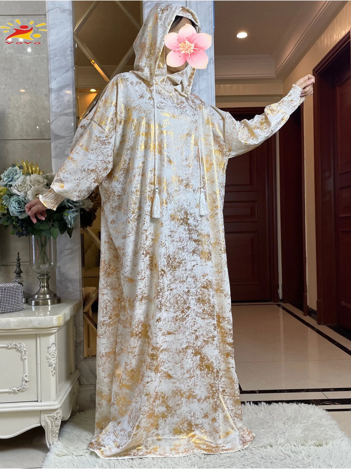 Maxy New Cotton Ramadan Muslim Two-Hat Abaya Dubai Turkey Islam Prayer Clothes Gold Dust   Dress Islam Women Dress Kaftan