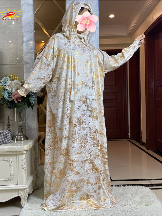 Maxy New Cotton Ramadan Muslim Two-Hat Abaya Dubai Turkey Islam Prayer Clothes Gold Dust   Dress Islam Women Dress Kaftan