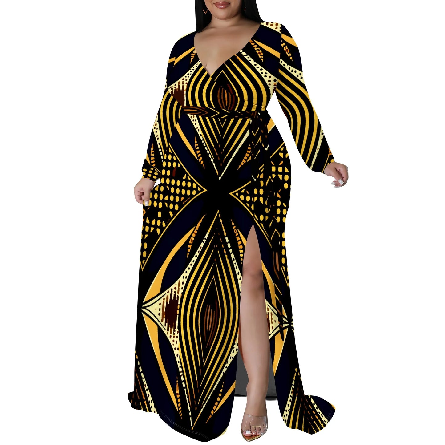 Amay Plus Size Long Sleeve Abstract Print Wrap Maxy Dress for Women, Elegant Dress with Side Slit for Evening Wear