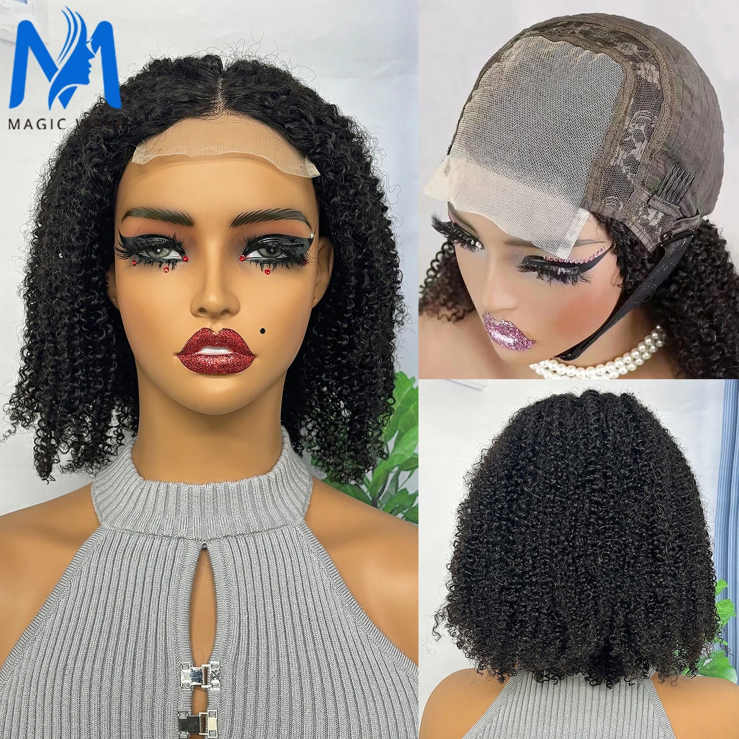 Maxy 4x4 Lace Closure Bob Human Hair Wig 300% Density Afro Kinky Curly Wig 12-16 Inches Brazilian Bob Wig for Black Women PrePlucked