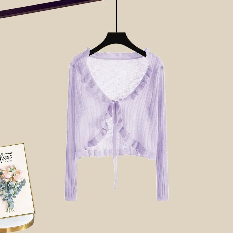 Maxy Summer Sun Protection Ice Silk Chiffon Shirt Ruffle Suspender Dress Two-piece Set Elegant Women's Dress Set Party Dress