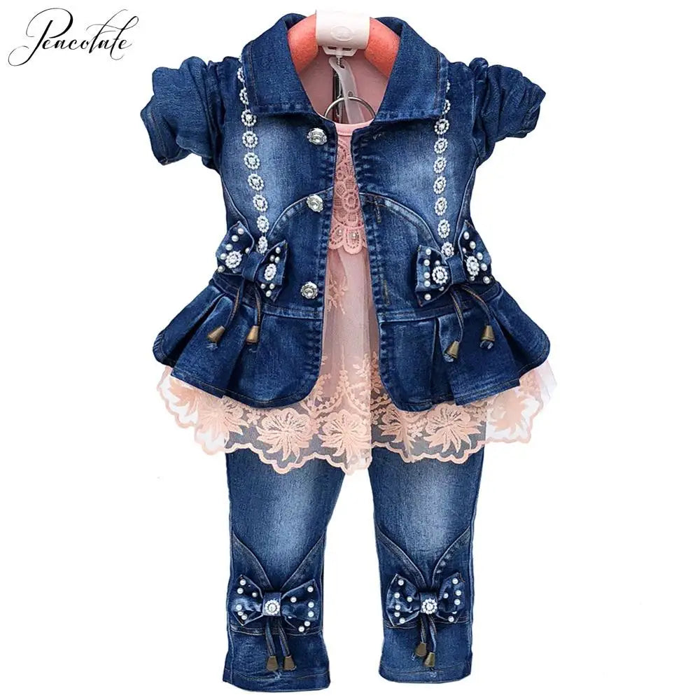 Maxy Spring Autumn Infant Baby Girl Denim Clothing Sets 3 pcs Long Sleeve T Shirt Dress Tops Denim Jacket and Jeans Trousers Pants