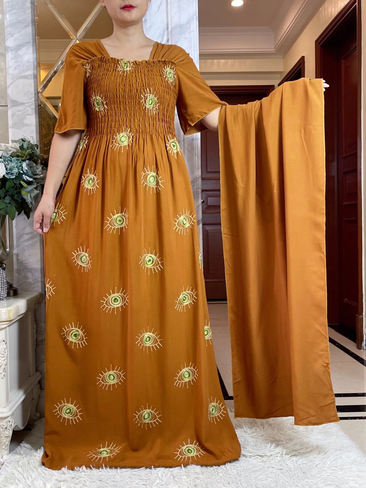 Maxy Summer Fashion Casual Dress Collect Waist Embroider Short Sleeve Loose Woman Maxy Islam African Women Abaya Clothes
