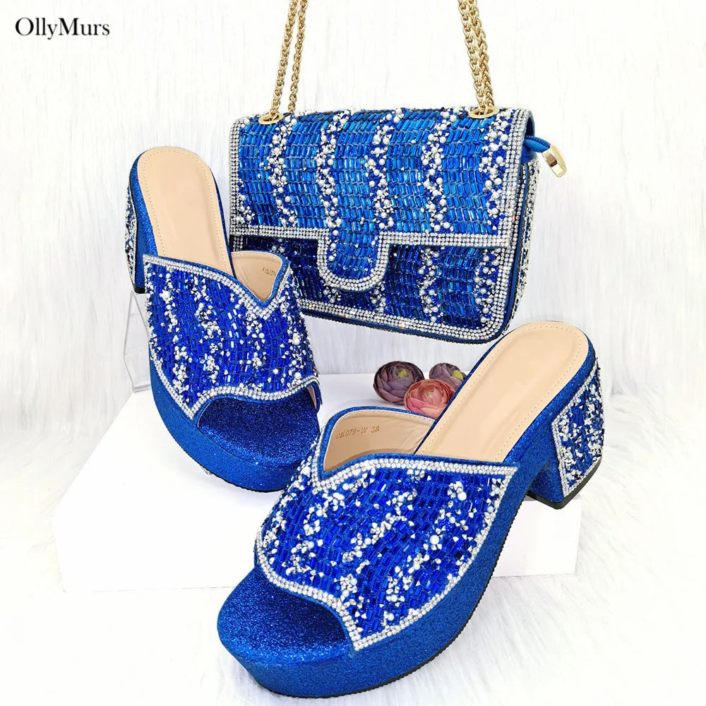 Maxy Design Summer Rhinestone Woman Shoes and Purse Set for Party African Elegant Pumps Slipper And Bag Matching Set