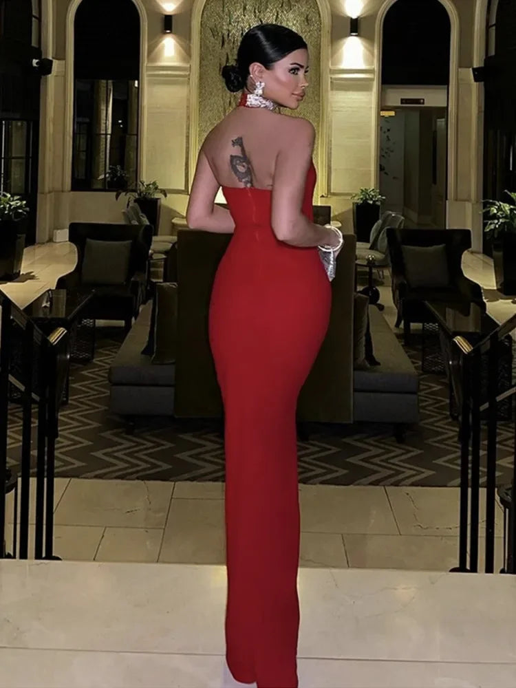 Maxy Women Red Party Dress Luxury Elegant Diamonds Halter Backless Slim Long Celebrity Evening Gowns Korean One Piece Dresses