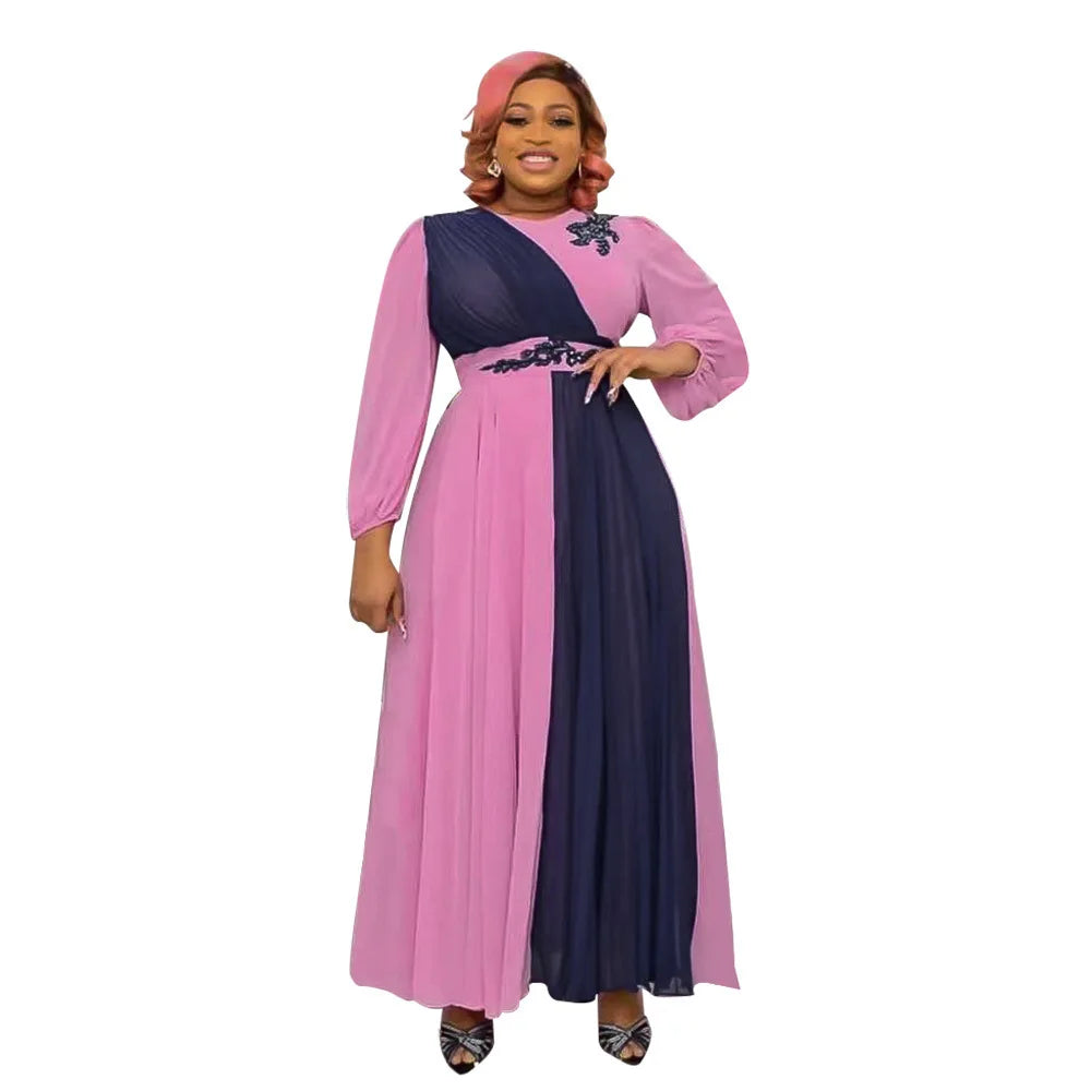 Amay Plus Loose Fitting Women's Patchwork Round Neck Long Sleeved Socialite High Waisted Dress Leisurely Vacation Robe