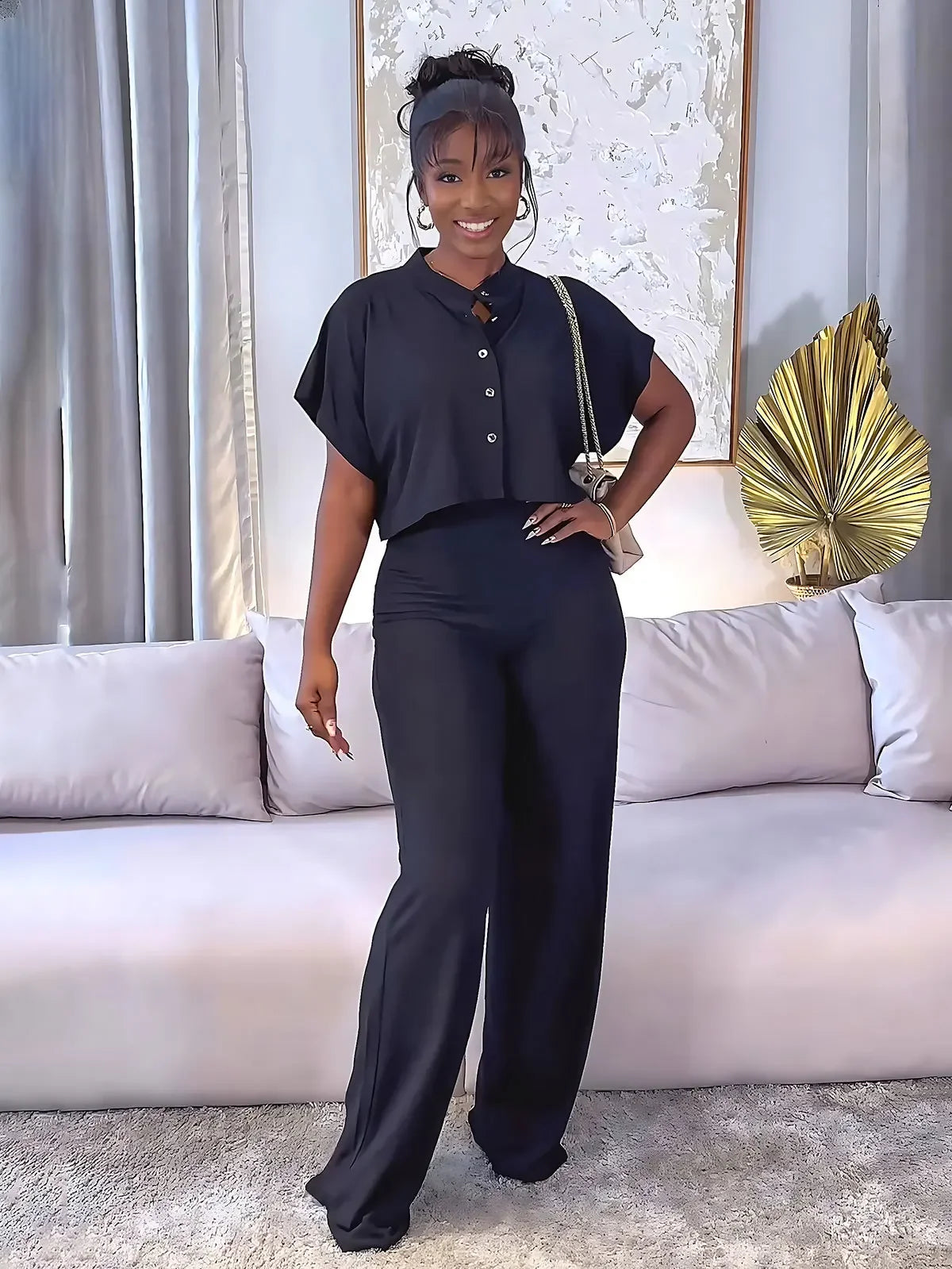 Maxy Street Fashion Women's Set Short Sleeve Shirt and Wide Leg Pants Two 2 Piece Set Outfit Tracksuit