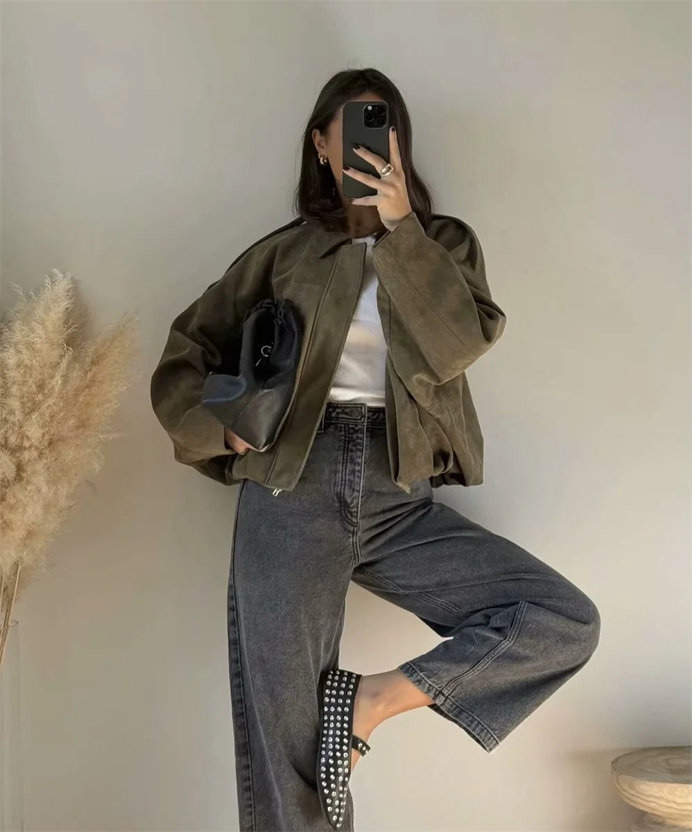 Maxy Women's Army Elegant Bomber Jackets Coats Fashion Turn-down Collar Long Sleeve Loose Coats Vintage Female Outerwear Chic Tops