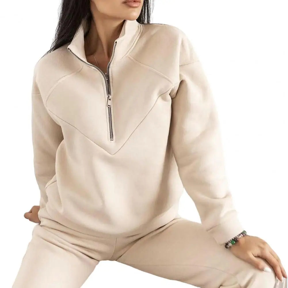 Maxy 2 Pcs/Set Fall Sweatshirt Pants Set Loose Warm Stand Collar Elastic Waist Lady Autumn Tracksuit for Daily Wear