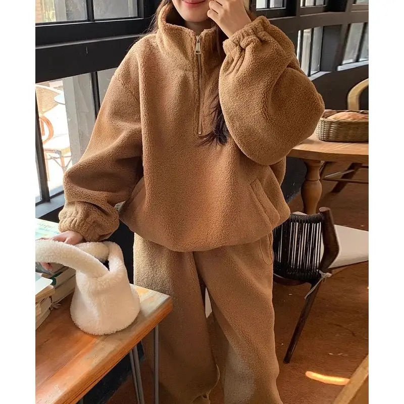 Maxy Korean Spring Autumn Retro Lamb Fleece Standing Neck Zipper Drawstring Sweater+Elastic Waist Strap Casual Pants Set