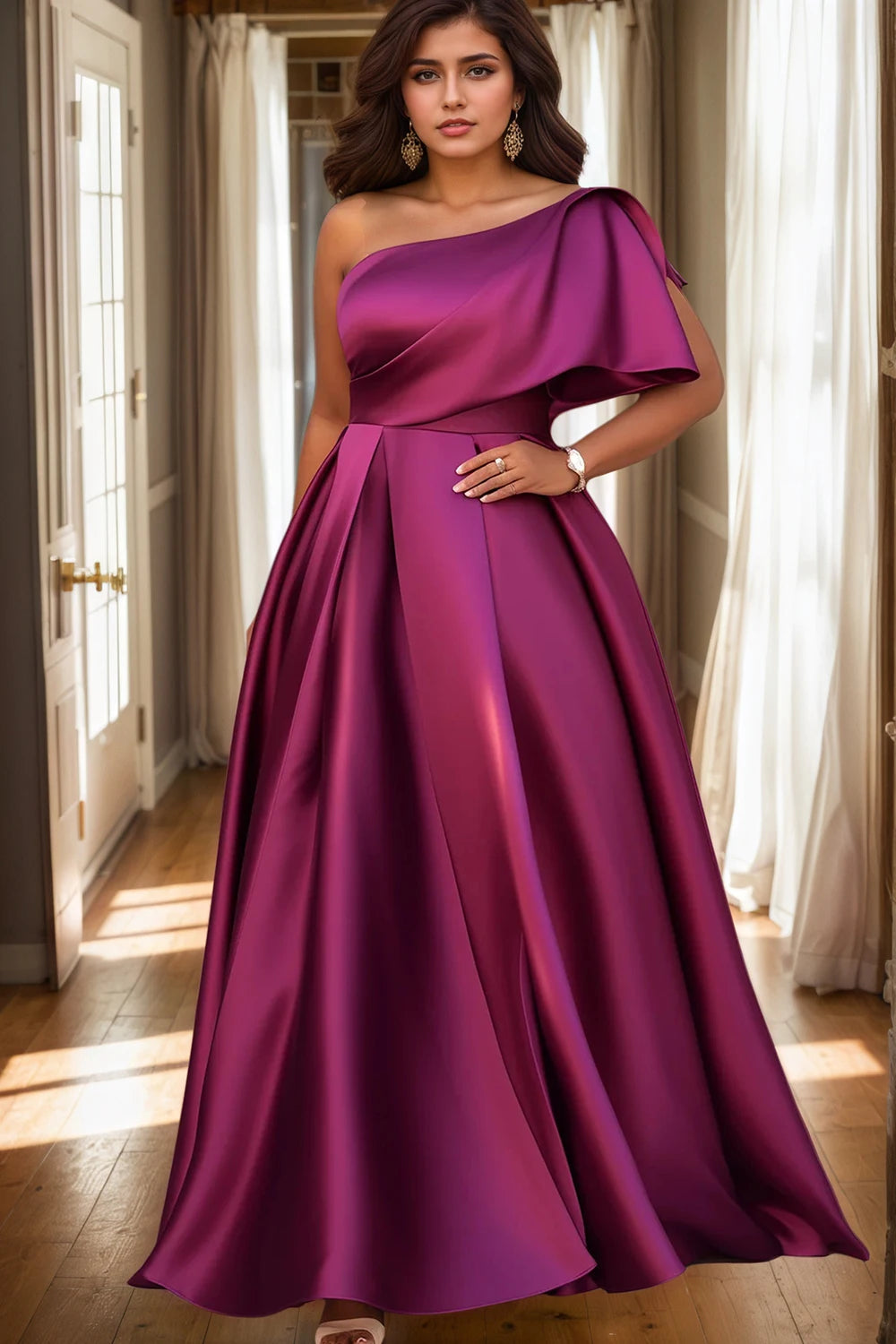 Maxy Women's Plus Size Evening Dress One Sleeve Pleated A-Line Elegant Wedding Guest Cocktail Maxy Dresses Off Shoulder Formal Dress