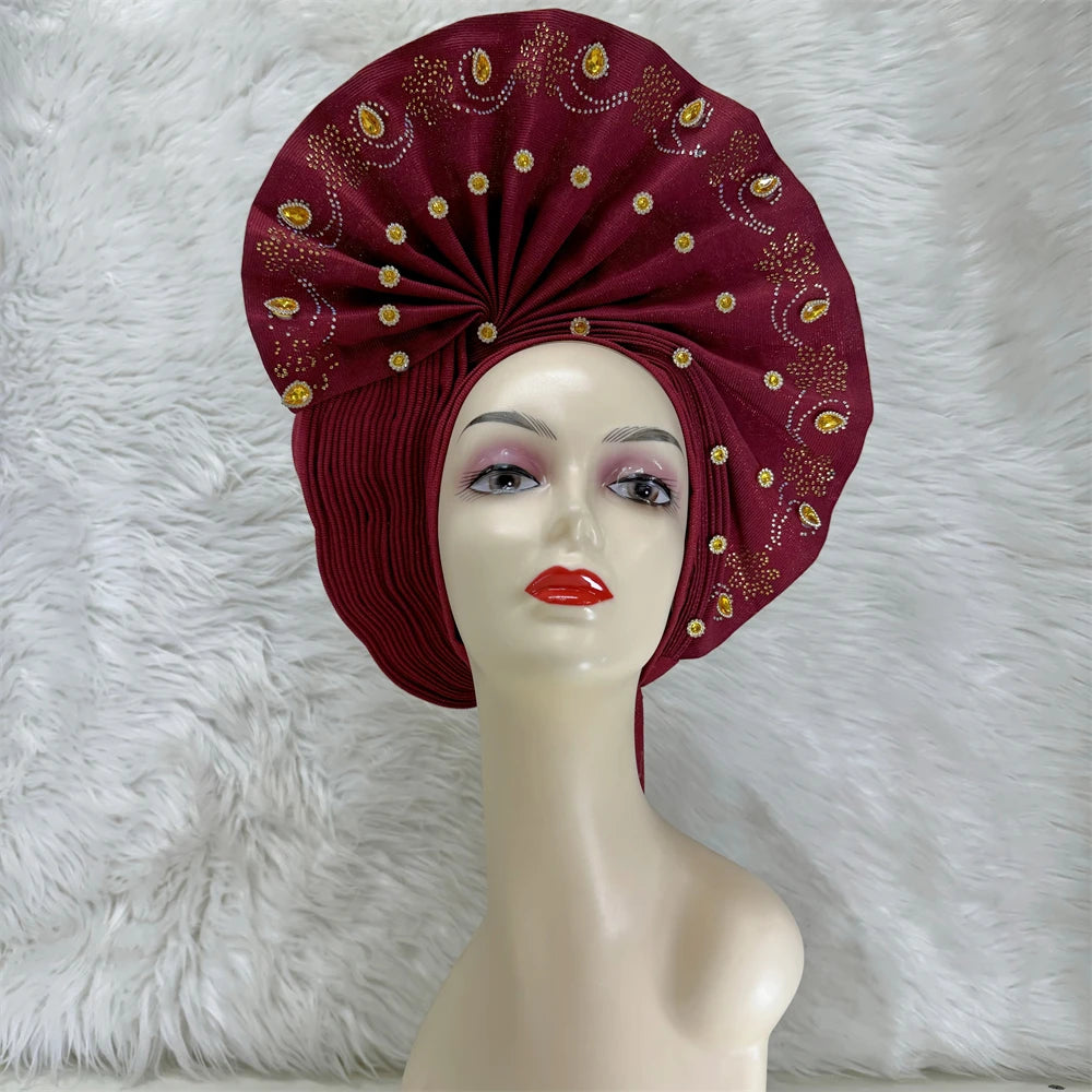 Maxy Luxury African Women’s Sego Head tie Crystal Stone Aso Oke Gele Aso Ebi Already Made Headtie Turban Cap Women Head Wear