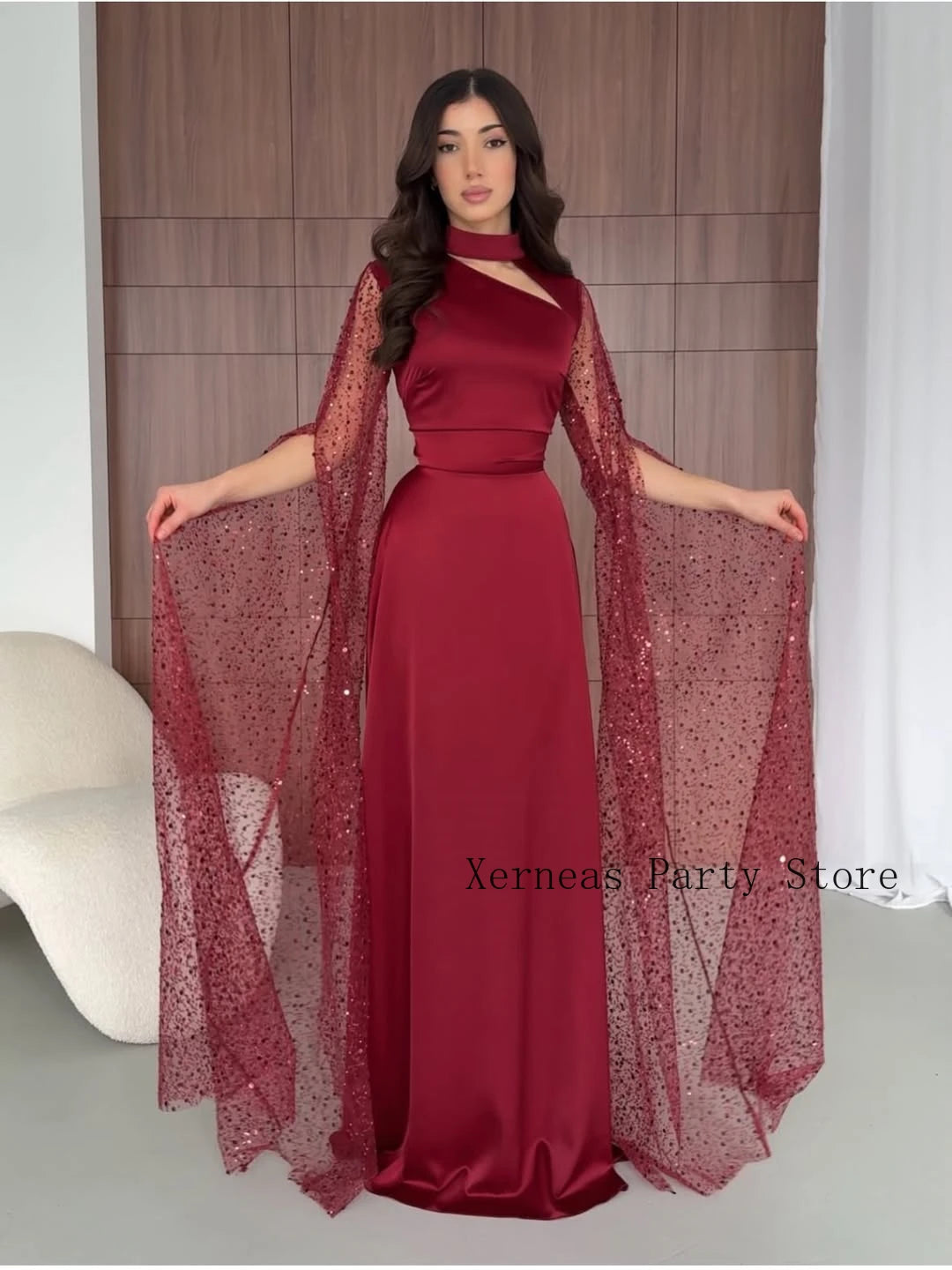 Maxy Sexy Satin Evening Dresses with Beaded Cloak Navy Luxury Party Dress for Women Prom Pageant Formal Elegant Gowns