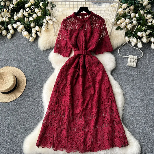 Maxy Temperament Stand Collar Half Sleeve Lace Robe French Style Belt Slim Waist Hollow Out Vestidos Elegant Crochet Mujer