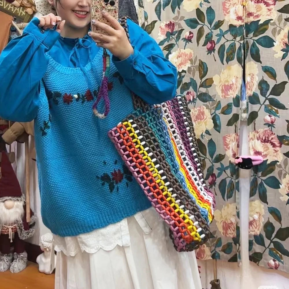 Maxy Beach Rainbow Hollow Tote Bags for Women Luxury Designer Handbags And Purses New In Wood Hand-Woven Large Capacity Shoulder