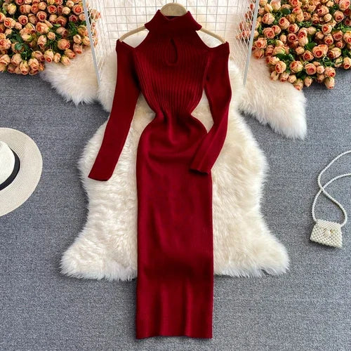 Amay Gagarich Woman Chic Knitting Dresses Autumn New Ins Stand-up Collar Tight-fitting Hollow Out Hip Strapless Stretch Vestidos