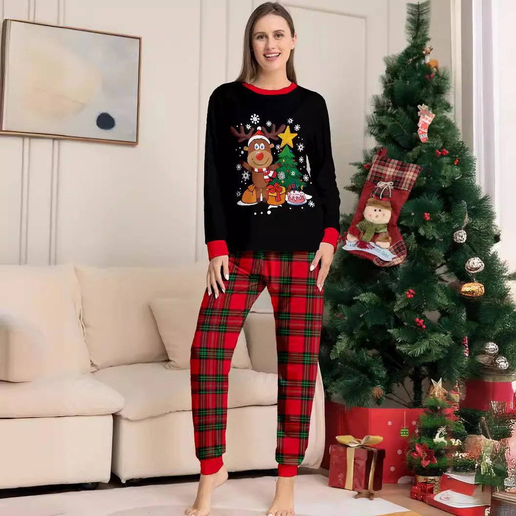 Maxy Autumn and winter cartoon letter Christmas tree printing family Christmas set for a family of four pajamas pants 2 pieces