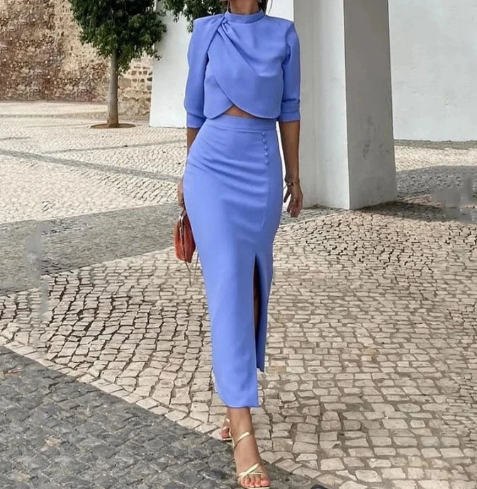 Maxy Elegant two piece set for woman Business casual autumn fashion solid color O-neck pleated hem crop top hem slit long skirt set