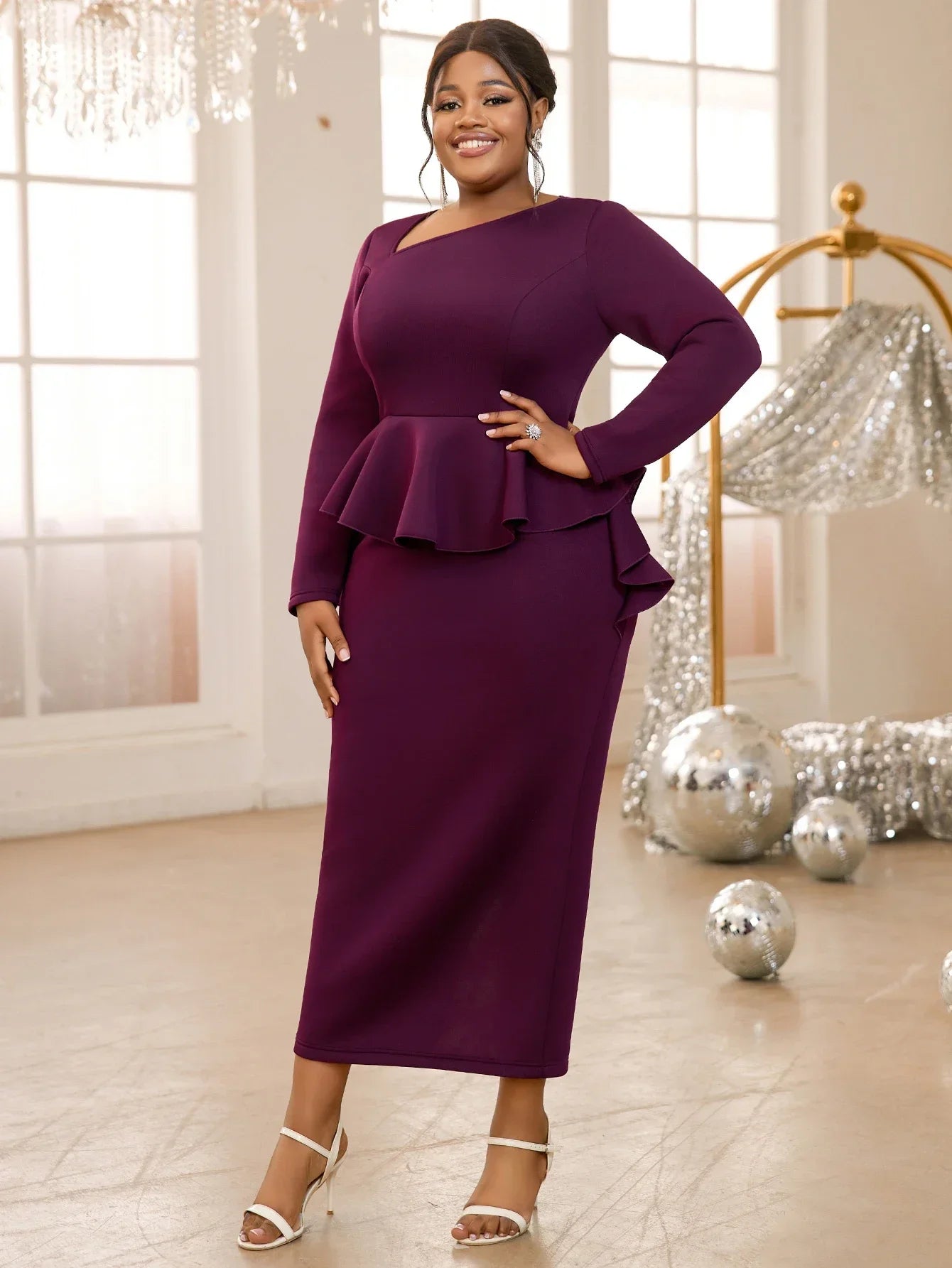 Babs Elegant Dresses Asymmetric Collar Long Sleeve Ruffle Pencil Tight Party Office Women's Fashion Dress Plus Size Women Clothing