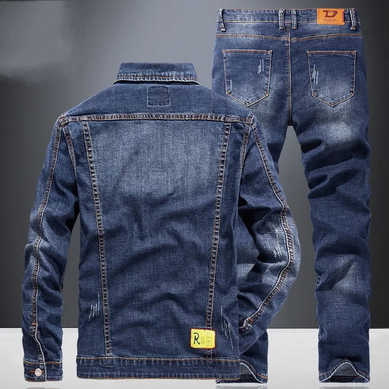 Maxy Motorcycle Bikers Denim Two Piece Set Fashion Jacket Jeans Mens Sets Streetwear Spring Long Sleeve Outerwear Pants Matching Sets