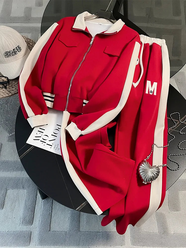 Winter Fashion Letter Jacket Pants Two Piece Set For Women Korean Stand Collar Zipper Coat Casual Trousers Suit Female Tracksuit