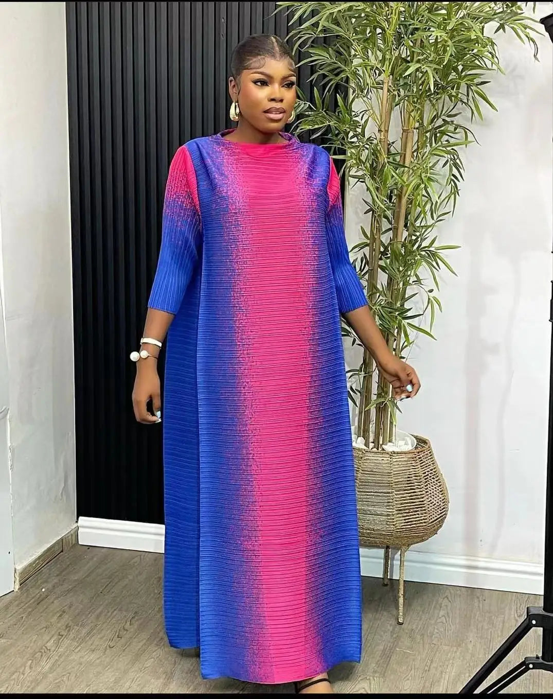Maxy Pleated Print Contrast Color Women's Dress Spring New O-Neck Long Sleeve Elegant Loose Fit Women's Dress
