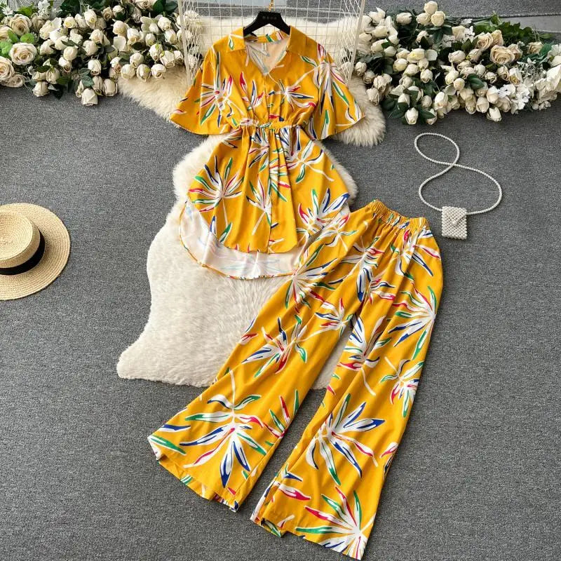 Maxy Fashion Floral Two Piece Set For Women Print Short Sleeve Lapel Tops+High Waist Wide Leg Pants 2 Pieces Sets Summer Suit