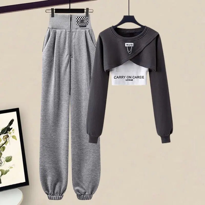 Maxy Korean Elegant Sportswear Suit Women's Spring Autumn Fashion Short Sweater+Suspenders+Pants Three Piece Female Tracksuit Set