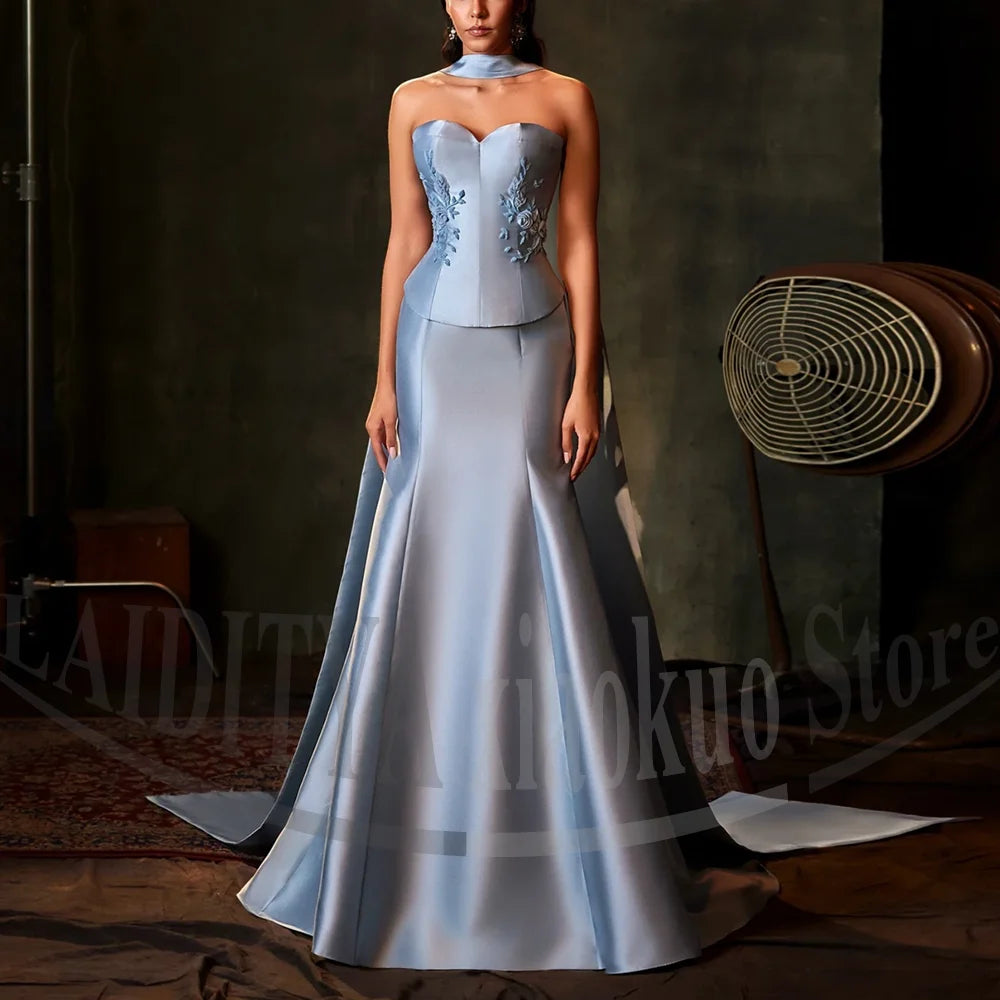 Maxy Fashion Appliques Evening Dresses Elegant Strapless Flower Prom Gowns Chic Scarf Sweep Train Mermaid Women Party Dresses