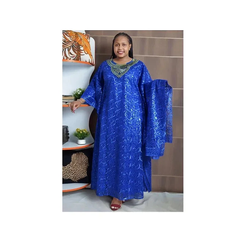 Dashiki Maxy Dresses for Women Spring Summer African Women Blue Yellow O-neck Long Dress Inner and Headtie African Clothes