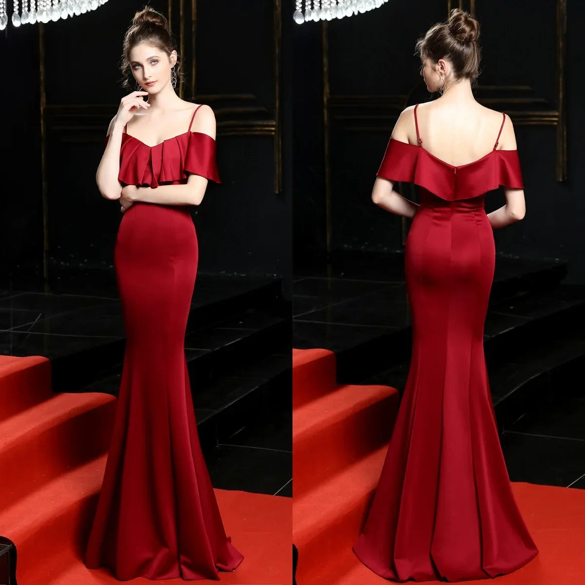 Maxy Evening Dresses Burgundy Stretchy Spaghetti Straps Ruffles Zipper Mermaid Trumpet Floor Length Women Party Formal Gowns YE135