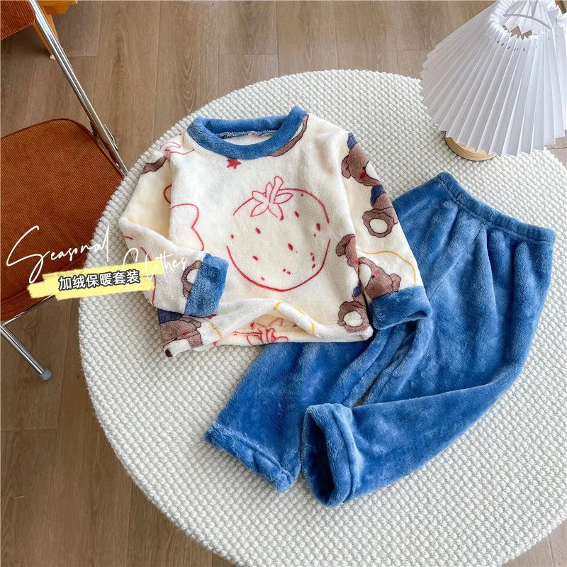 Maxy New 2024 Autumn Winter Kids Thick Warm Flannel Pajama Sets Baby Boys Girls Cartoon Long Sleeve O-neck Clothing Sleepwear Pyjamas