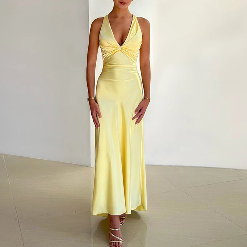 Maxy Elegant Sleeveless High Waist Summer Dress Satin Slim Solid Color Women's Long Dresses New Backless Bow Tie Up Party Dress
