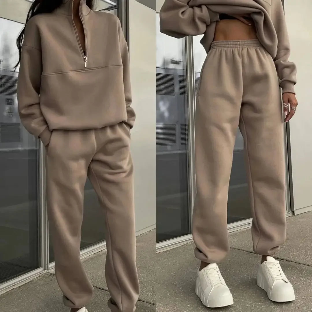 Maxy Casual Pants Sets Woman Autumn Loose Pullovers Zippers Long Sleeve Women's Tracksuit Elastic Waist Solid Trousers Sets All-match
