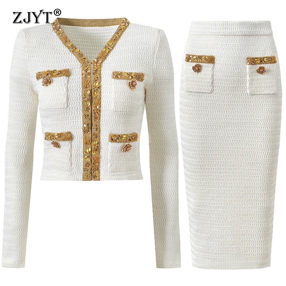 Maxy Fashion Spring Beading V Neck Cardigan Sweater Skirt Set 2 Pieces Women Outfit Knitting Dress Sets Luxury Party Suits