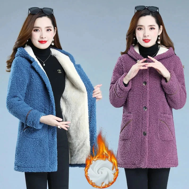 Maxy Mother Winter Warm Coat New Fashion Middle-Aged Women's Autumn Thick Velvet Jacket Thick Hooded Padded Jacket Female Button
