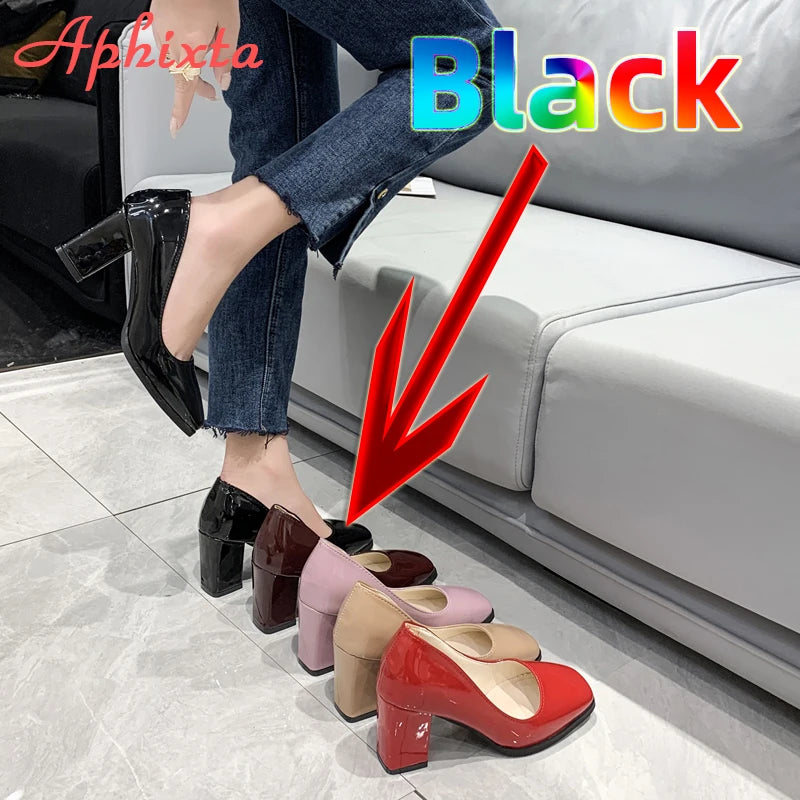 Amay Apheta 7.5cm Square Tou Patent Leather Shoes Women Pumps Thick Heels Sapato Feminino Work Party Shoes Super Big Plus Size 50