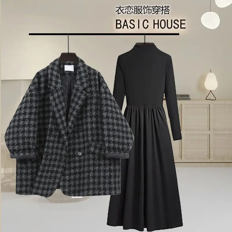 Maxy Autumn and Winter Fashion Women's Suit Korean Version Thick Woolen Plaid Suit Jacket Slimming Long Sleeved Dress Two-piece Set