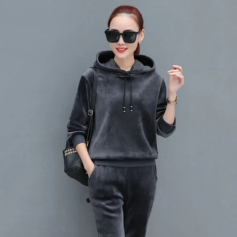 Velvet Hoodded Tops Sweatpants Tracksuit Winter Thicken 2 Piece Set Ankle Length High Waist Harem Pant Suit Jogger Woman Outfit