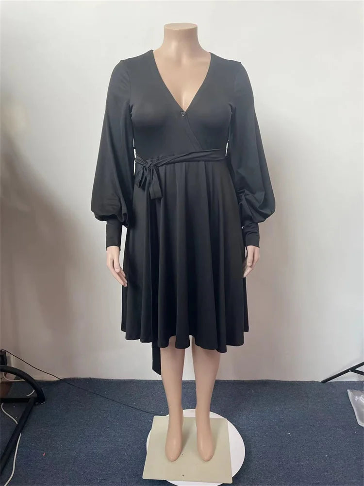 Maxy Plus Size Dress XL-5XL Women Fall Clothes V Neck Loose Casual Elegant Autumn Hot Sale Maxy Dress