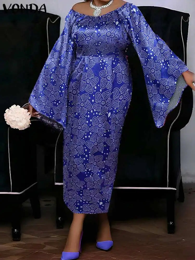 Amay Plus Size 5XL VONDA Women Sexy Off Shoulder Dress Flare Sleeve Party Maxy Long Dress Fashion Printed Sundress Elegant Robe