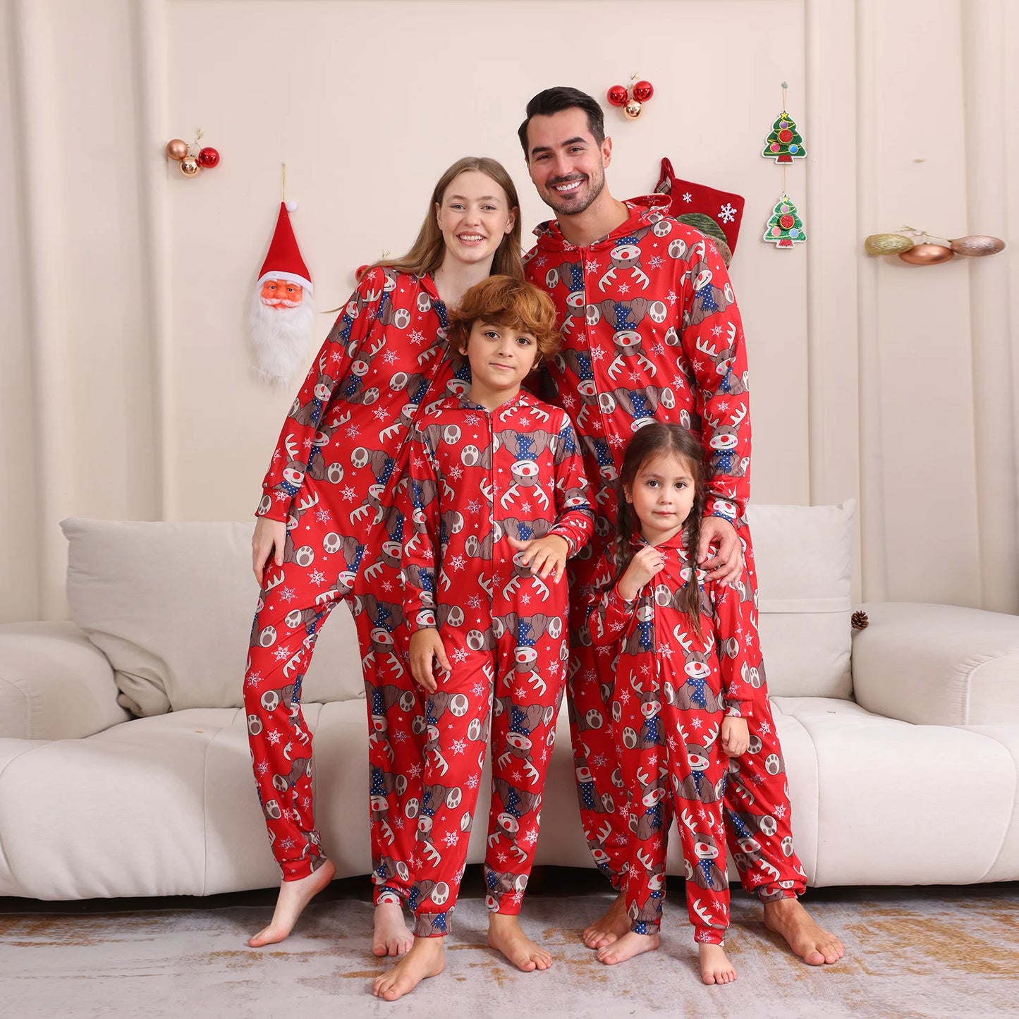 Max Family Matching Christmas Pajamas Reindeer Snowflake Print Long Sleeve Zip Full Length Hood Jumpsuit Holiday Sleepwear