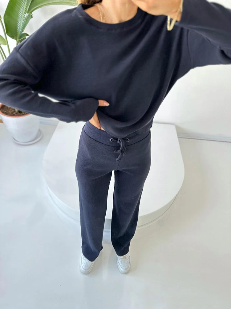 White Women's Tracksuit with Long Sleeve T-shirt 2024 Spring Wide Leg Trousers Two Piece Set Knitted Suits for Women O-neck Tees