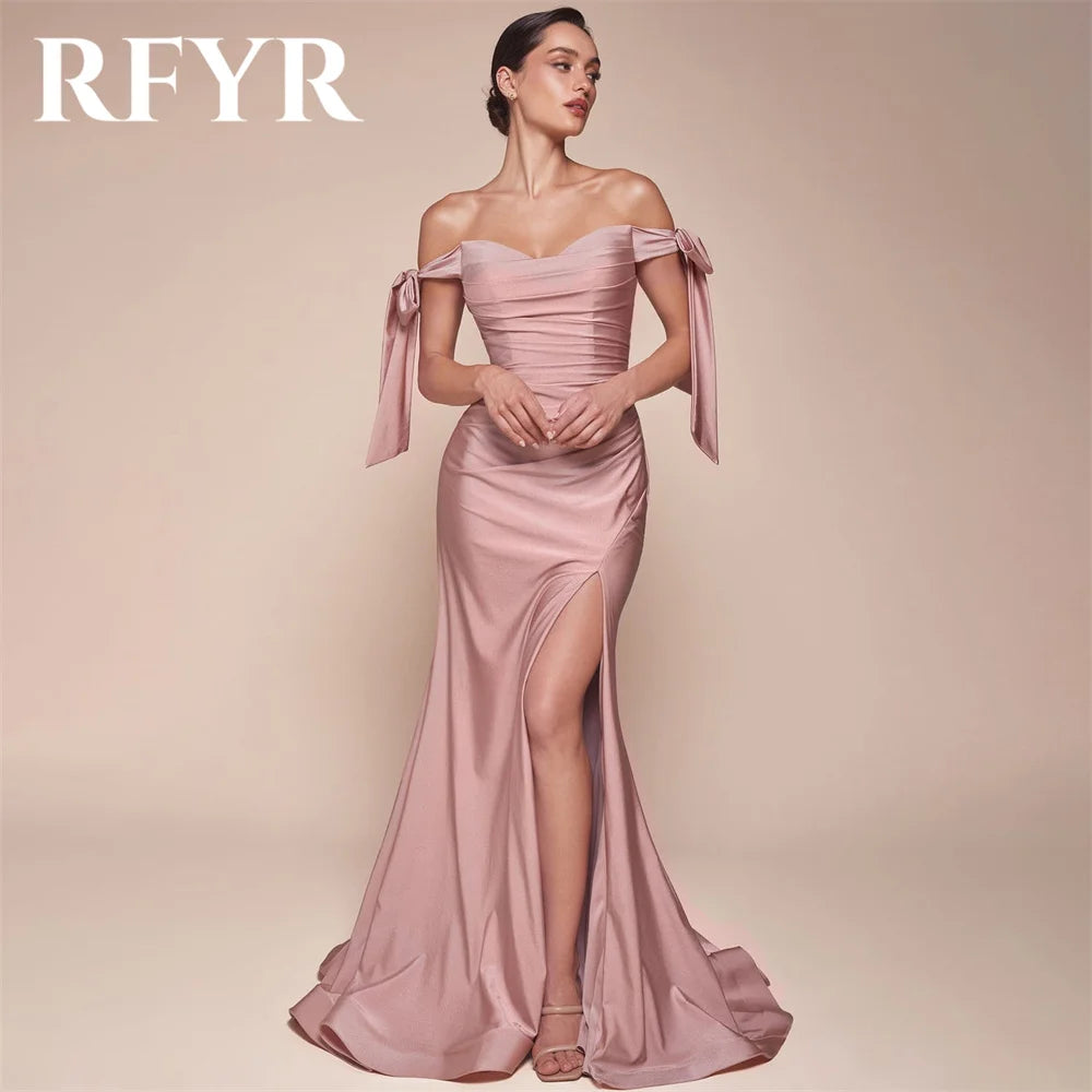 Maxy Red Evening Dresses for Party Satin Off the Shoulder Pleats Long Mermaid Prom Gowns Split Scoop Celebrity Dress Customized