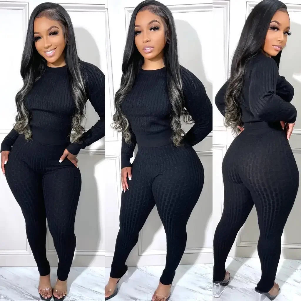 Maxy Women Fashion Weave Two 2 Piece Set Outfits Street Autumn Winter Sweater and Knit Pants Suit Active Tracksuit