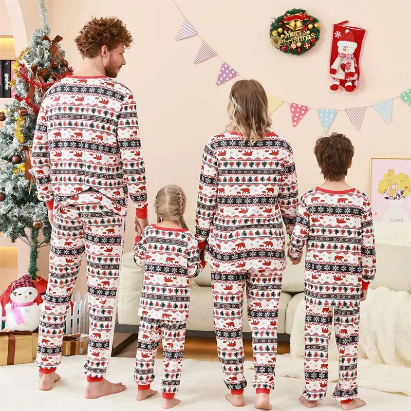 Maxy 2024 Polar Bear Christmas Family Matching Outfits Striped Father Mother Kids Pajamas Sets Daddy Mommy and Me Xmas Pj's Clothes