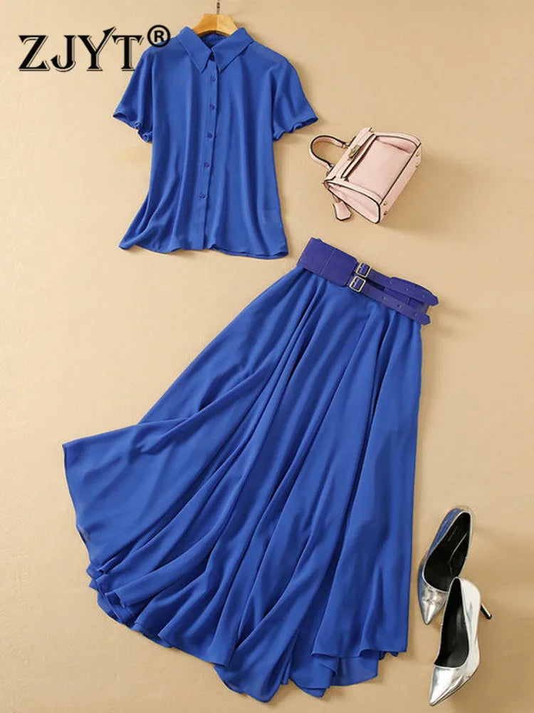 Maxy Runway Summer Long Dress Sets Conjuntos Blue 2 Piece Women Outfit Holiday Maxi Skirt Top Matching Set Suits