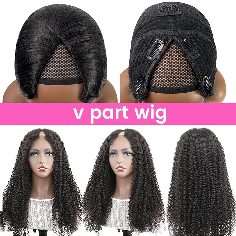 Amay V Part Wig Human Hair Curly No Leave Out V Part Wig for Black Women Kinky Curly Glueless Clip In Half Wig 180% D Natural Color